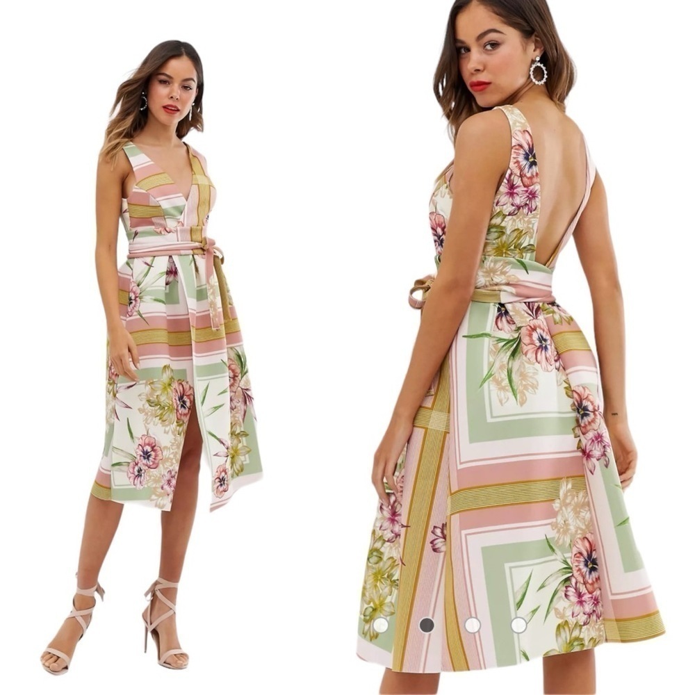 ASOS Floral Pastel Stripe V-Neck Wrap Midi Dress